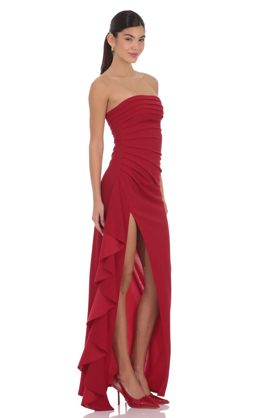 Lucy In The Sky Strapless Ruched Ruffle Maxi Dress in Maroon
