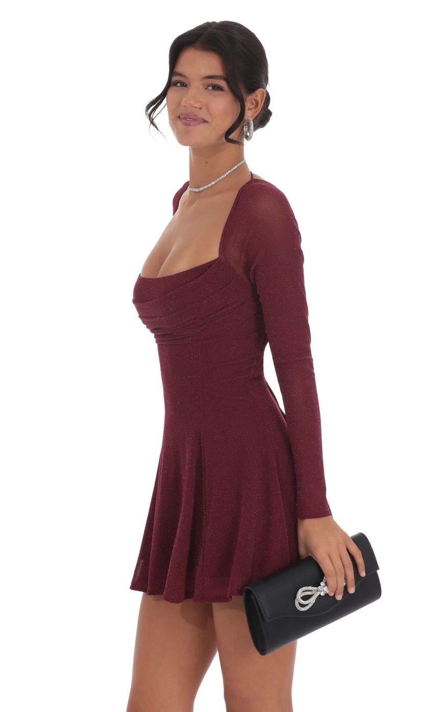Lucy In The Sky Shimmer Draped Fit and Flare Dress in Burgundy