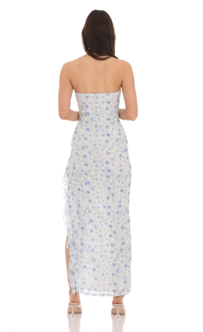Lucy In The Sky Strapless Floral Lace Ruffle Slit Dress in Pastel Blue