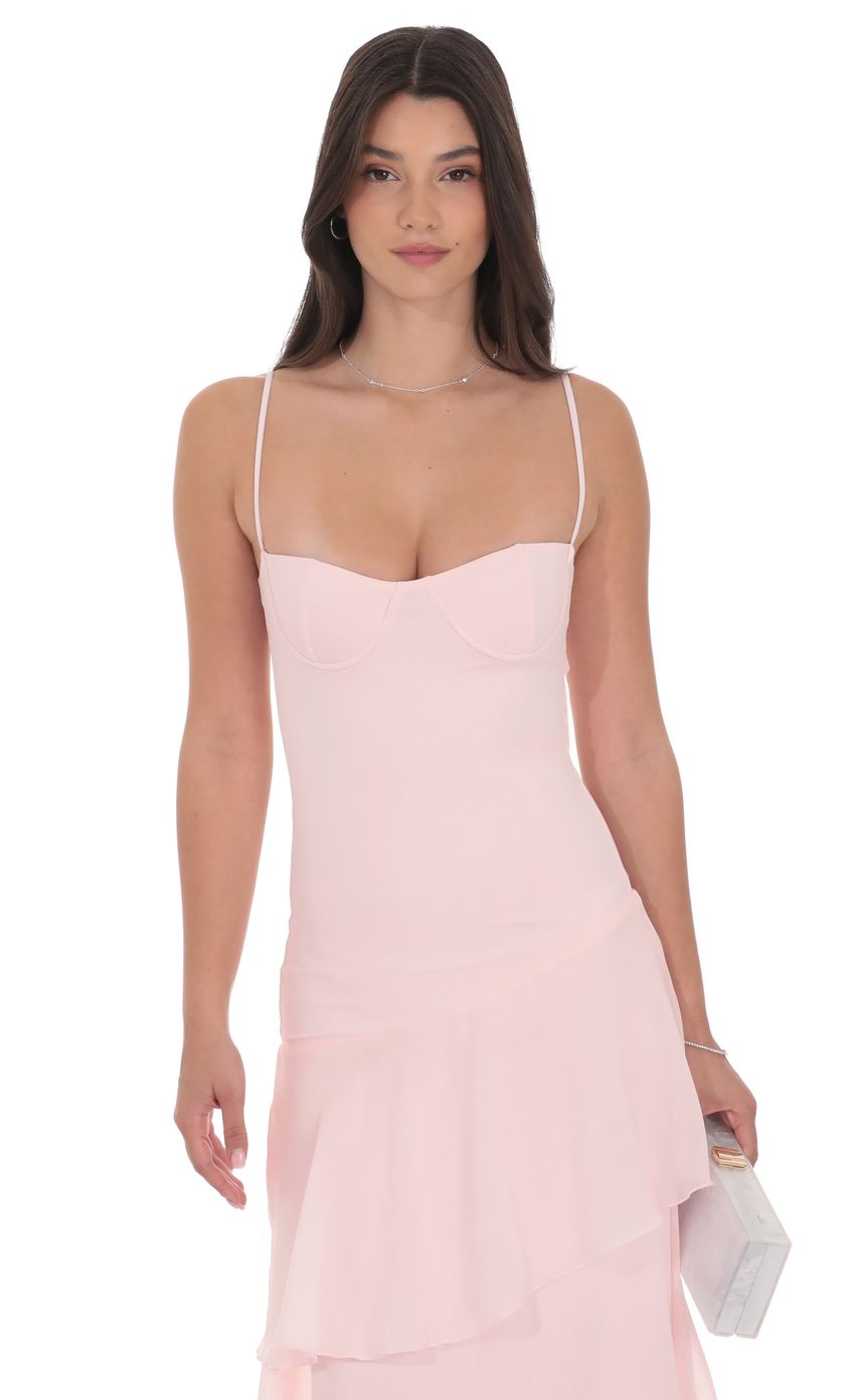 Lucy In The Sky Long Ruffle Maxi Dress in Pastel Pink