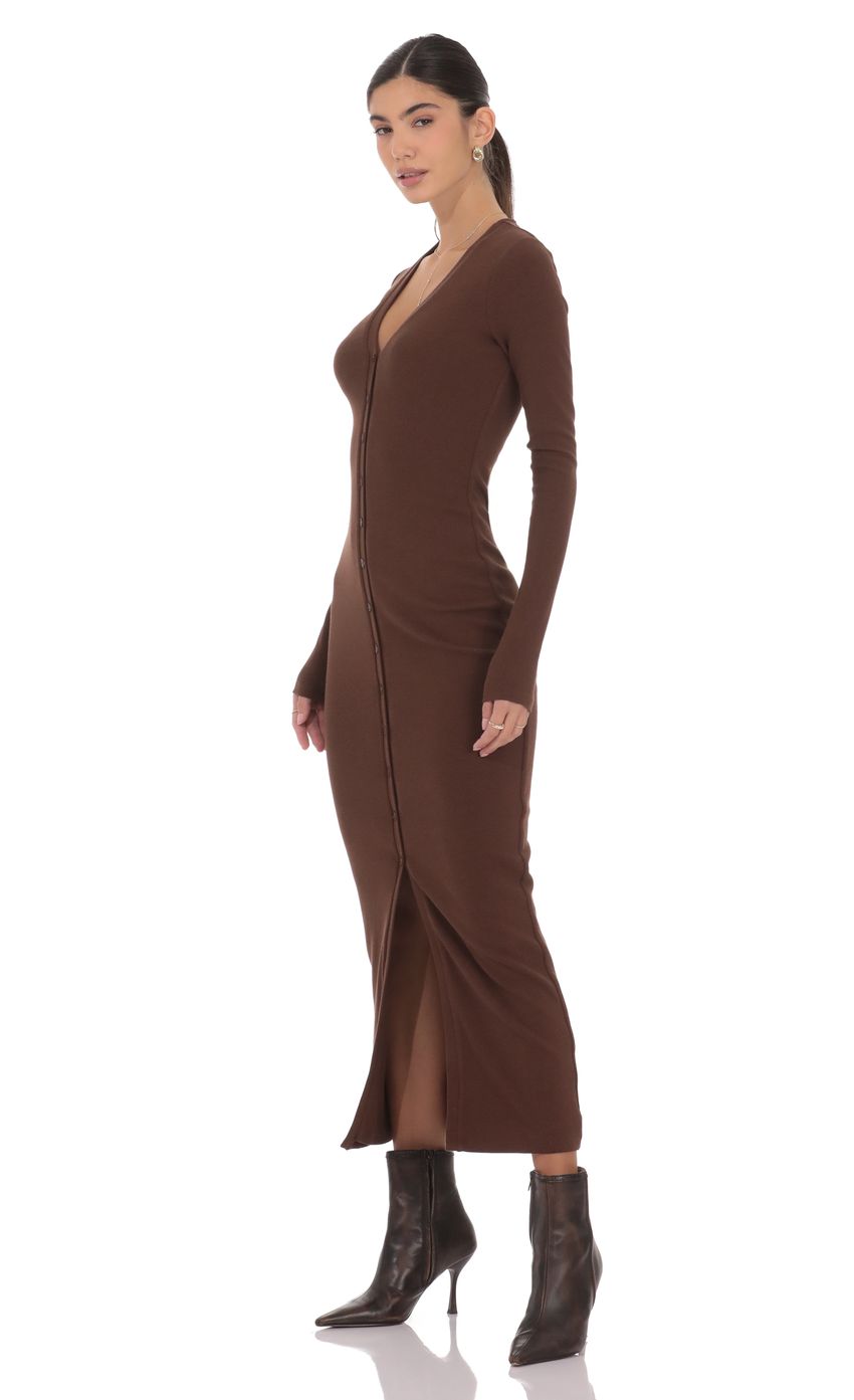 Lucy In The Sky Button Down Ribbed Maxi Dress in Brown