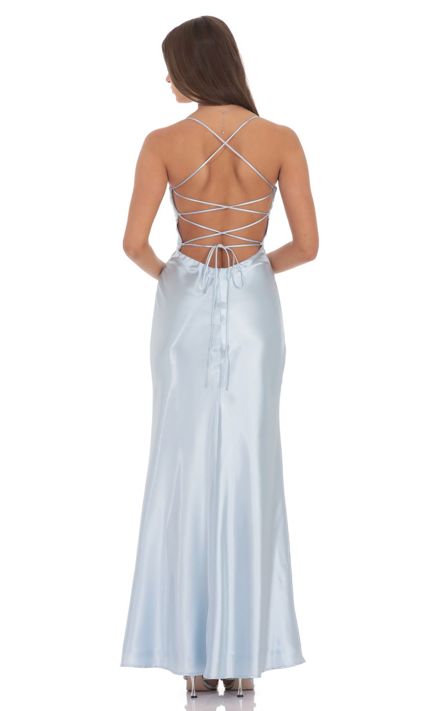 Lucy In The Sky Sequin Bust Satin Maxi Dress in Light Blue