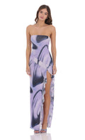 Lucy In The Sky Swirl Mesh Strapless Ruffle Slit Dress in Purple