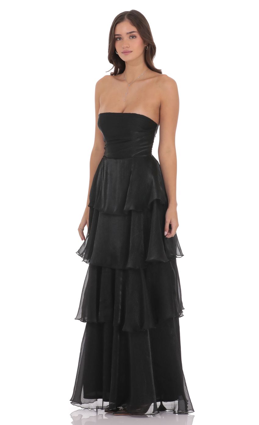 Lucy In The Sky Corset Ruffle Strapless Maxi Dress in Black
