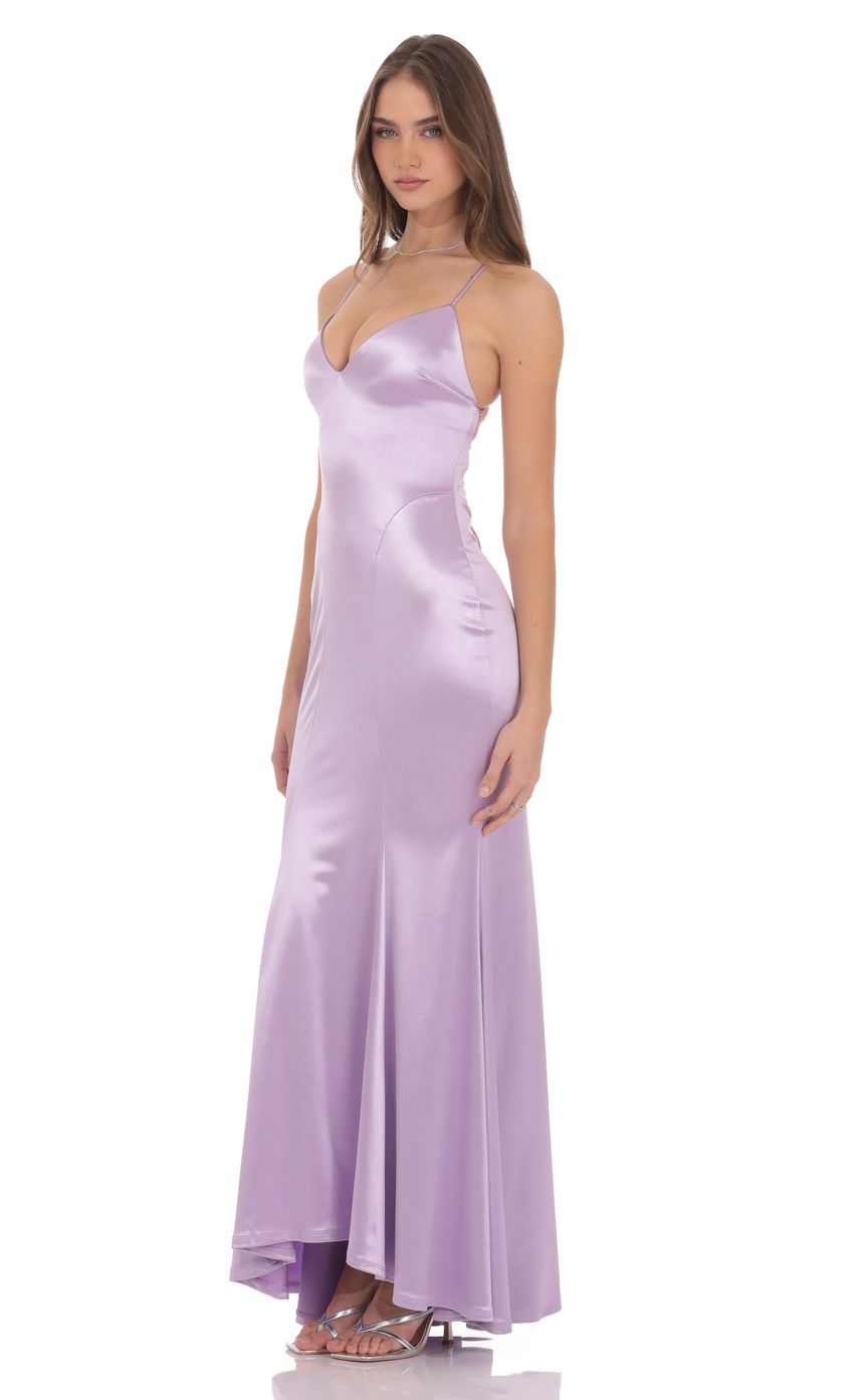 Lucy In The Sky Satin Open Back Mermaid Maxi Dress in Lavender