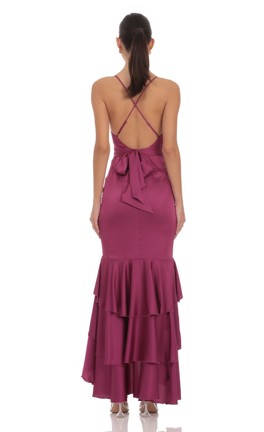 Lucy In The Sky Satin Ruffle Fishtail Maxi Dress in Magenta
