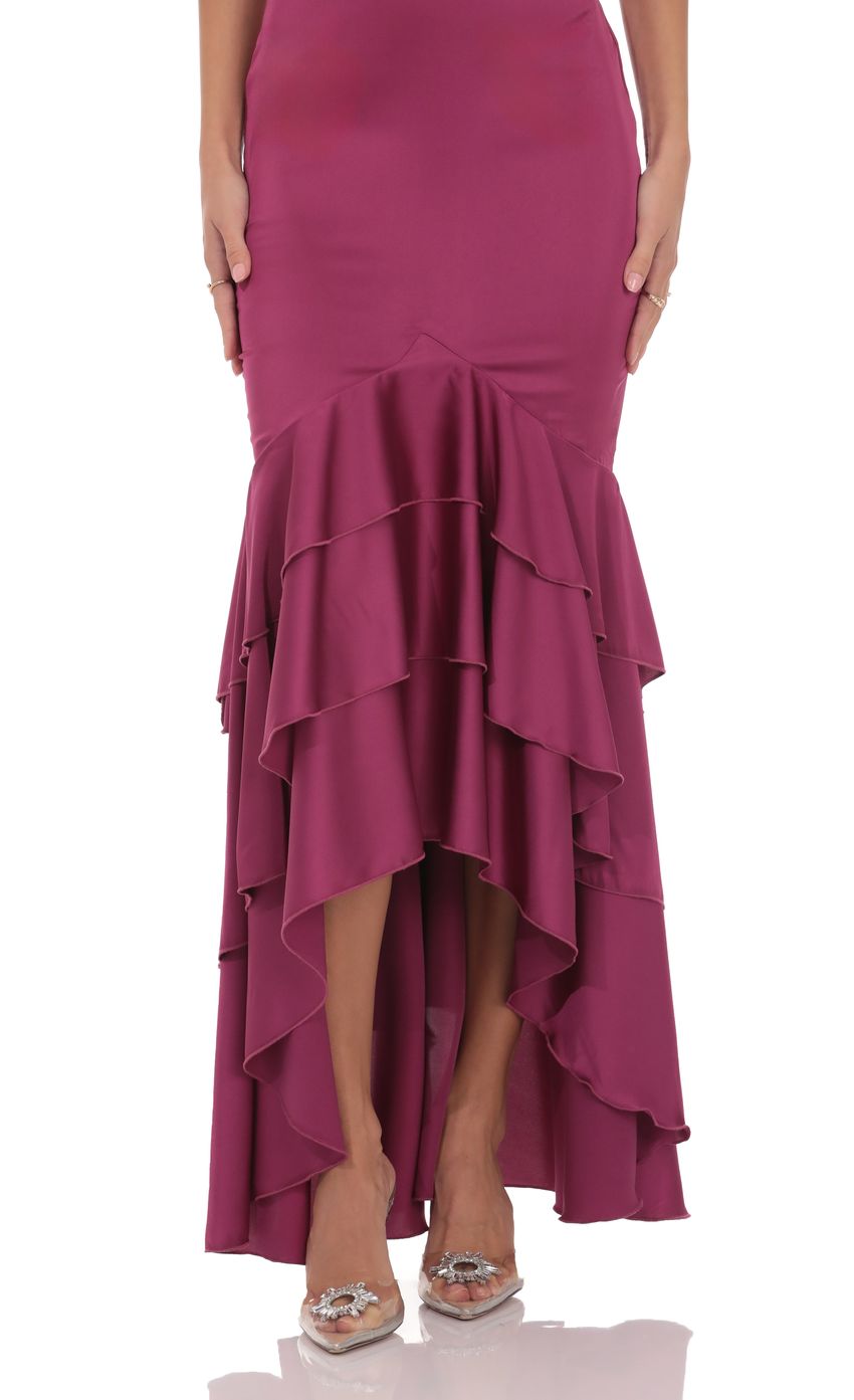 Lucy In The Sky Satin Ruffle Fishtail Maxi Dress in Magenta
