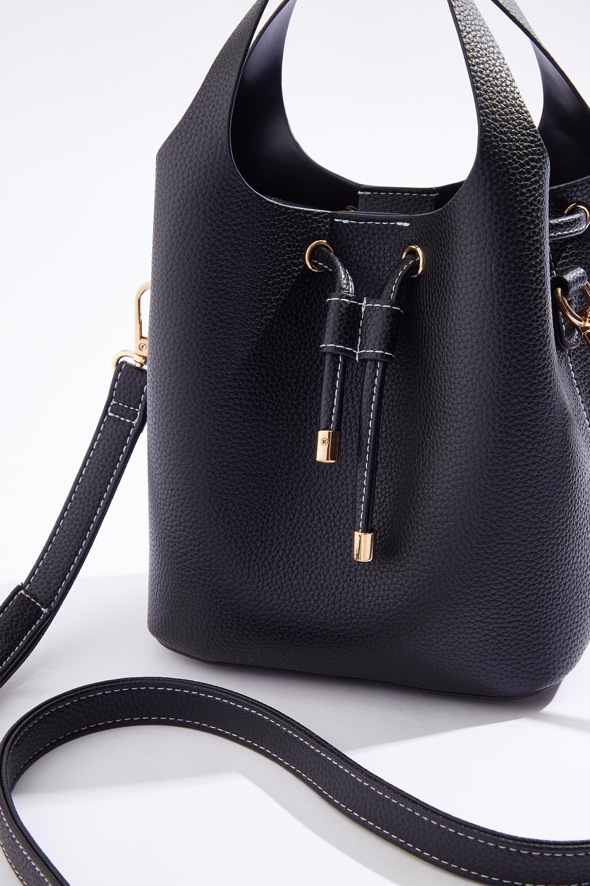 Cato Fashions Black Faux Leather Cinched Bucket Crossbody
