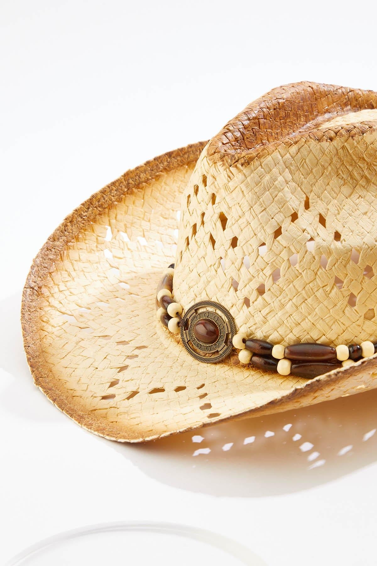 Cato Fashions Beaded Trim Burnished Straw Cowboy Hat