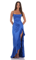 Lucy In The Sky Satin Ruffle Maxi Dress in Royal Blue
