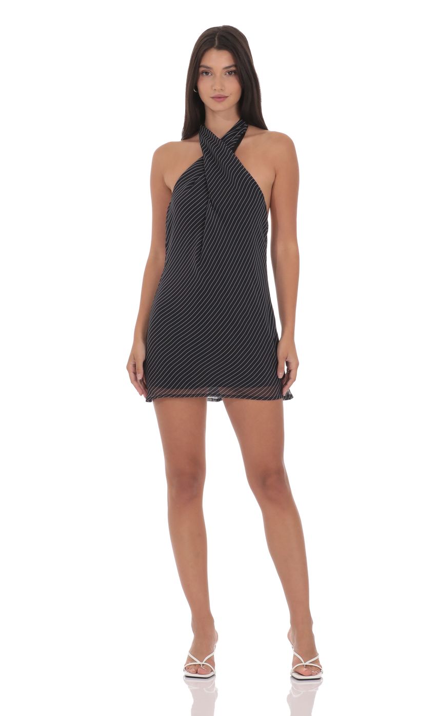 Lucy In The Sky Pinstripe Cross Halter Dress in Black