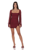 Lucy In The Sky Mesh Lace Ruched Dress in Maroon