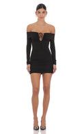 Lucy In The Sky Plunge Off Shoulder Bodycon Dress in Black