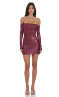 Lucy In The Sky Foil Off Shoulder Dress in Burgundy