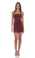 Lucy In The Sky Satin Halter Bodycon Dress in Wine