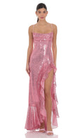 Lucy In The Sky Sequin Ruffle Maxi Dress in Pink