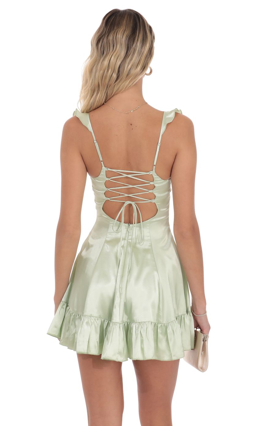 Lucy In The Sky Satin Ruffle Fit and Flare Dress in Pastel Green