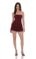 Lucy In The Sky Lace Strapless Ruched Ruffle Dress in Burgundy