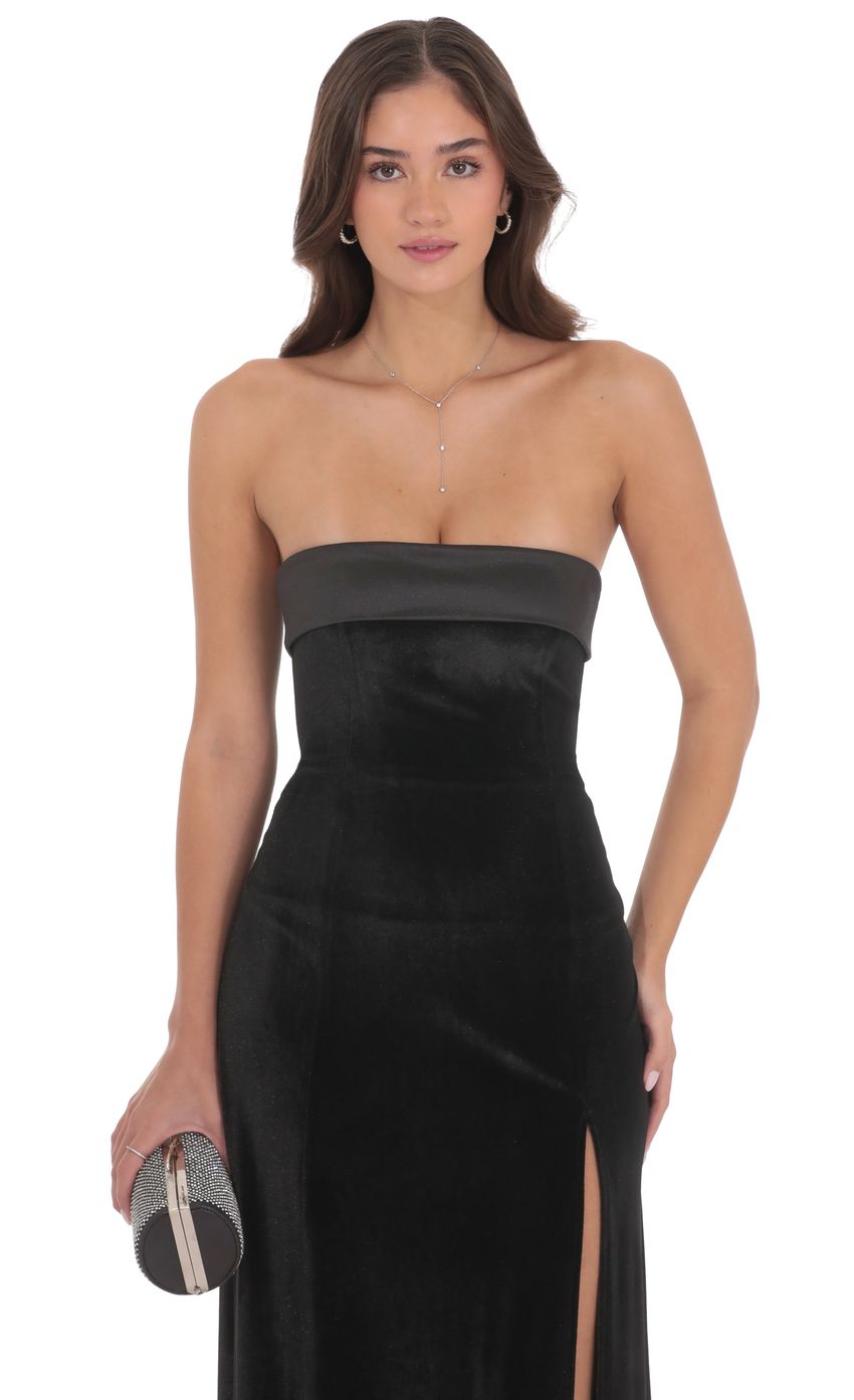 Lucy In The Sky Satin Trim Velvet Strapless Maxi Dress in Black