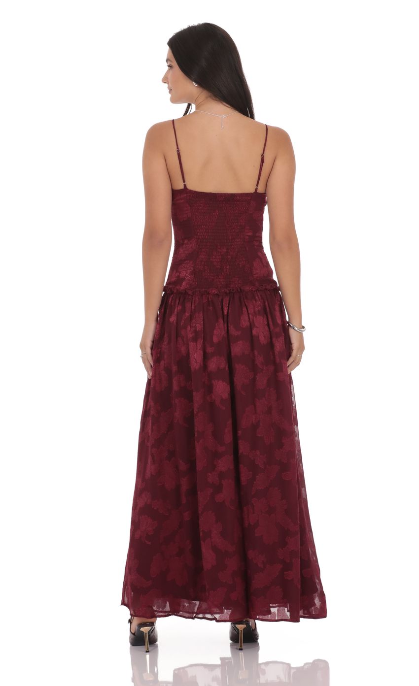 Lucy In The Sky Floral Chiffon Maxi Dress in Burgundy