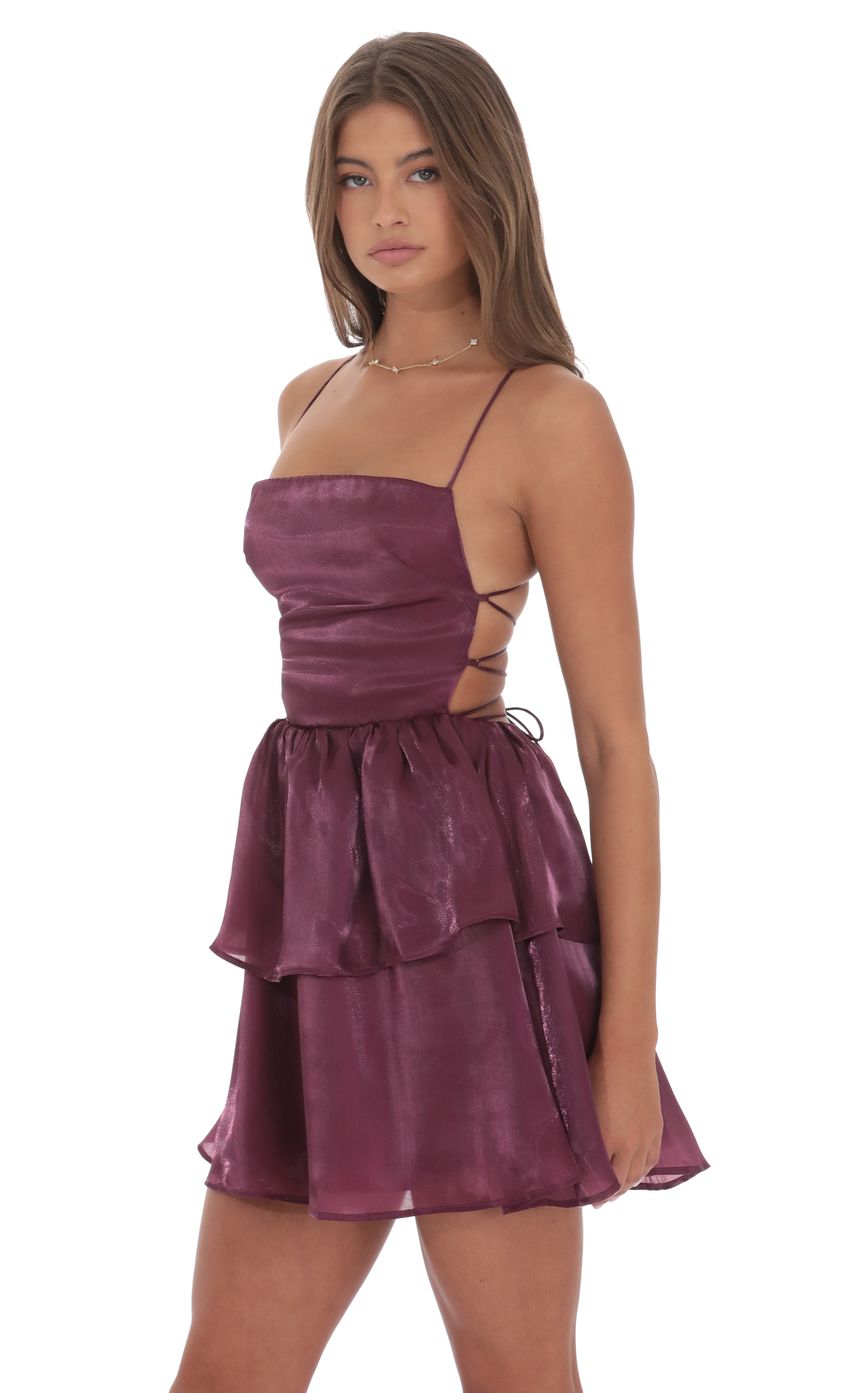 Lucy In The Sky Sheen Ruffle Lace Up Dress in Plum