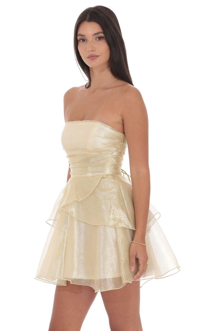 Lucy In The Sky Petal Ruffle Strapless Dress in Gold