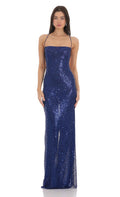 Lucy In The Sky Sequin Mesh Maxi Dress in Blue