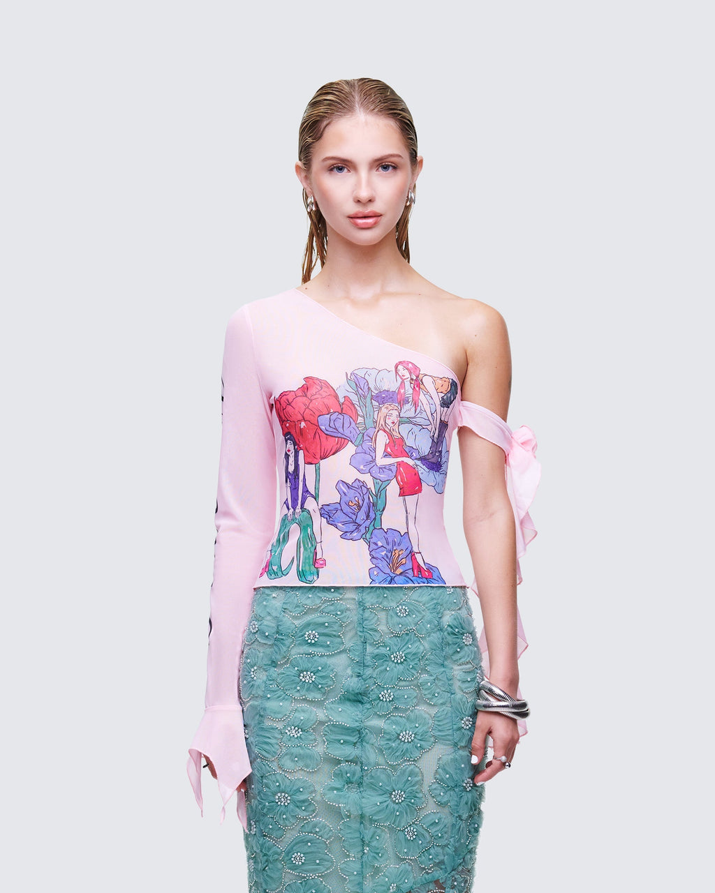 Finesse Sylphine Printed Mesh Asymmetric Top