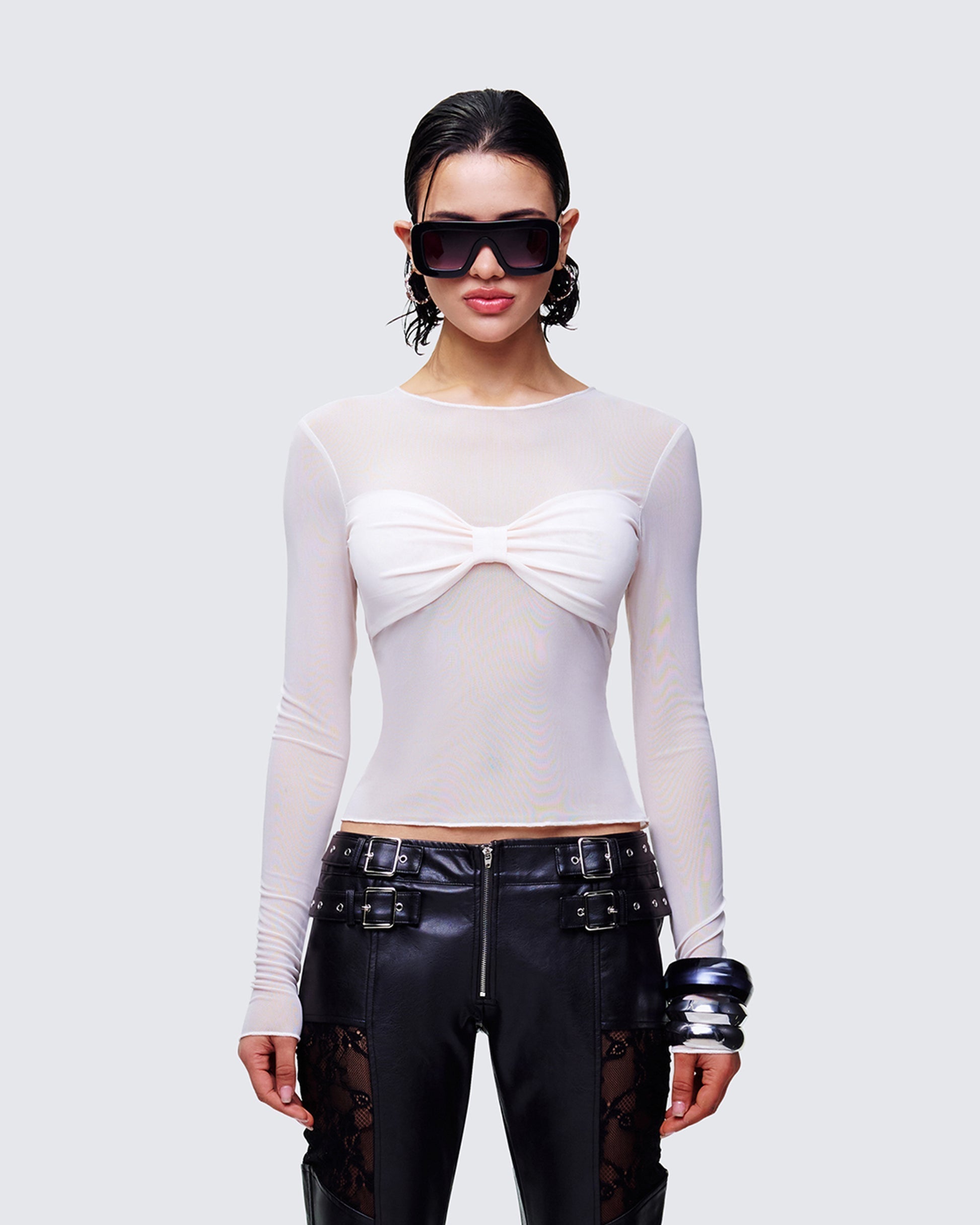 Finesse Orpheus White Mesh Long Sleeve Top