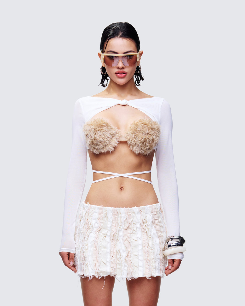 Finesse Eyra White Mesh Faux Fur Bust Wrap Top