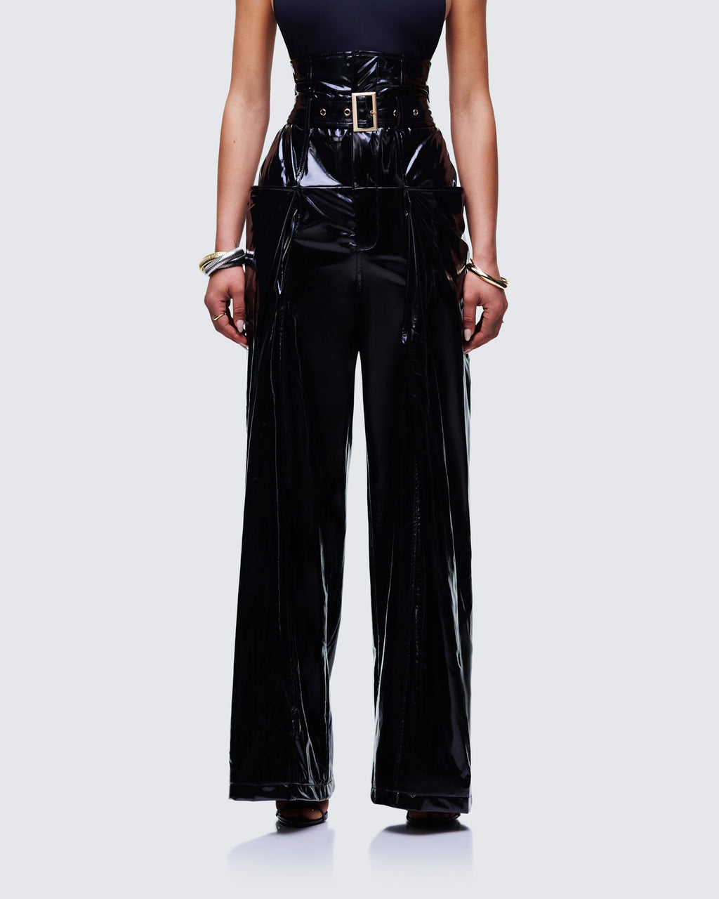 Finesse Melusine Black Vegan Leather Belted Paperbag Trousers