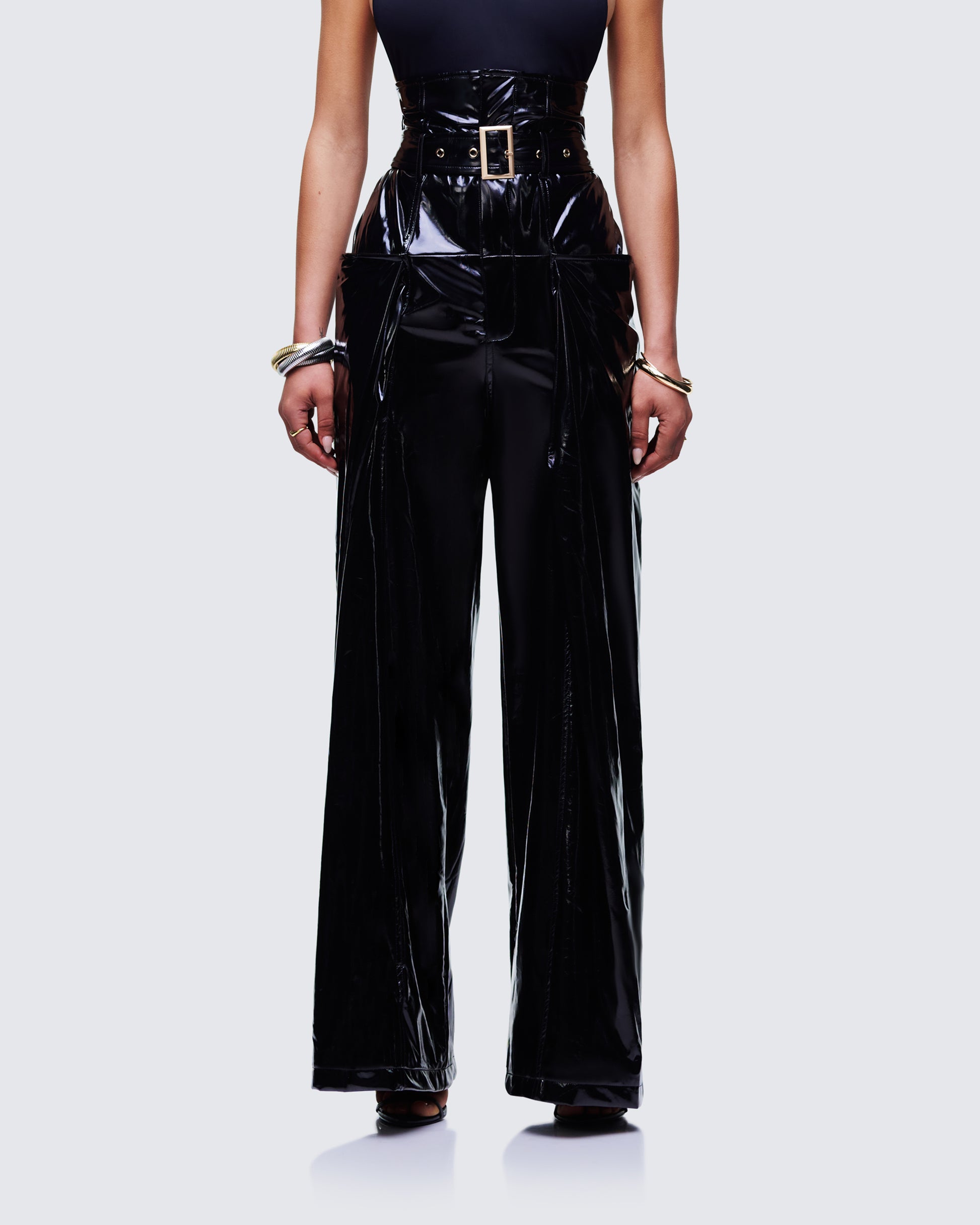 Finesse Melusine Black Vegan Leather Belted Paperbag Trousers