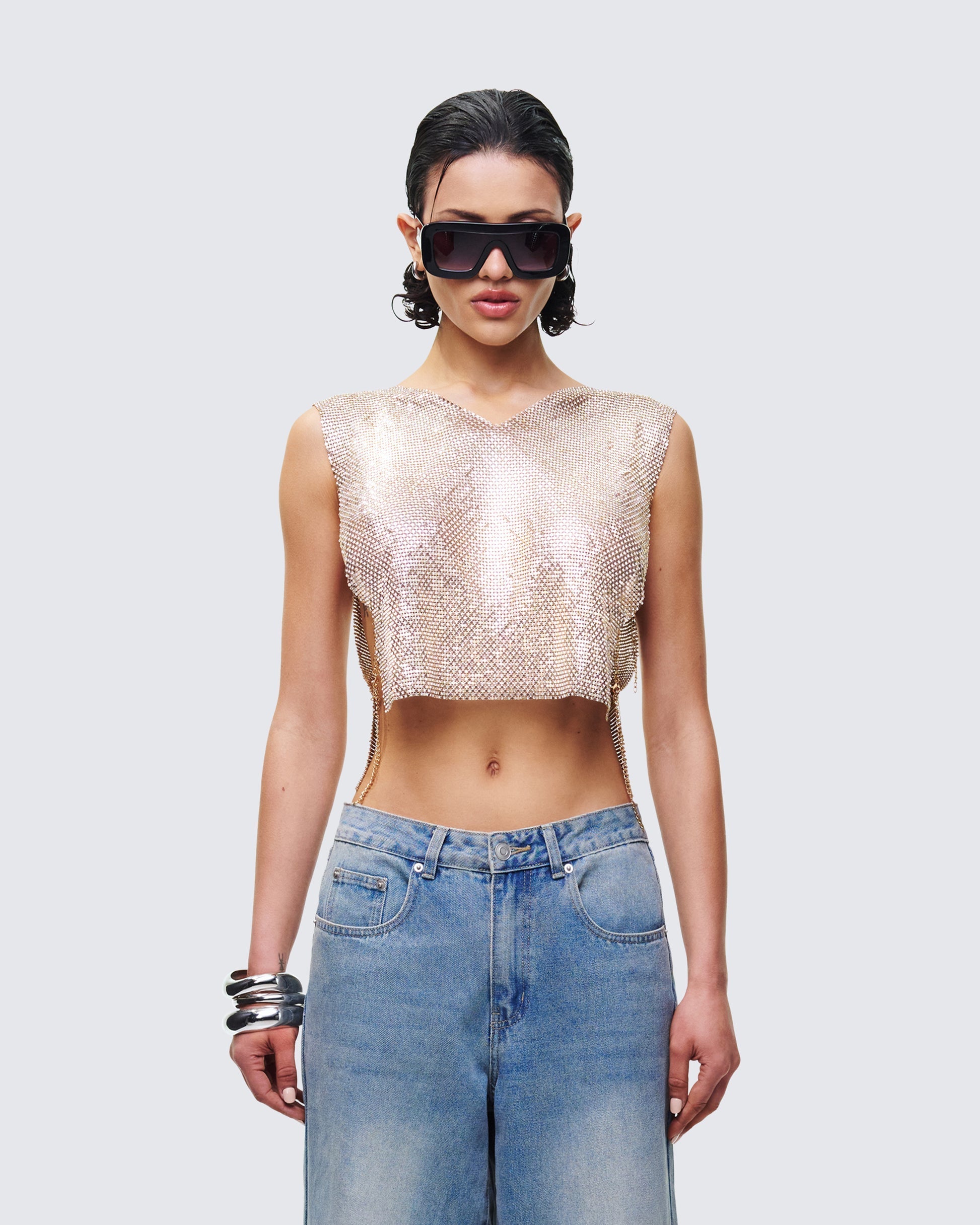 Finesse Fayla Gold Chainmail Square Top