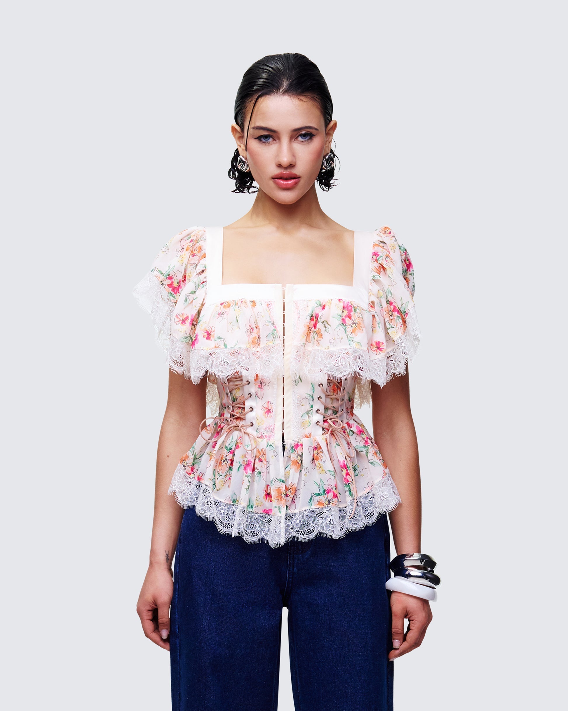 Finesse Aroa Ivory Floral Print Peplum Top