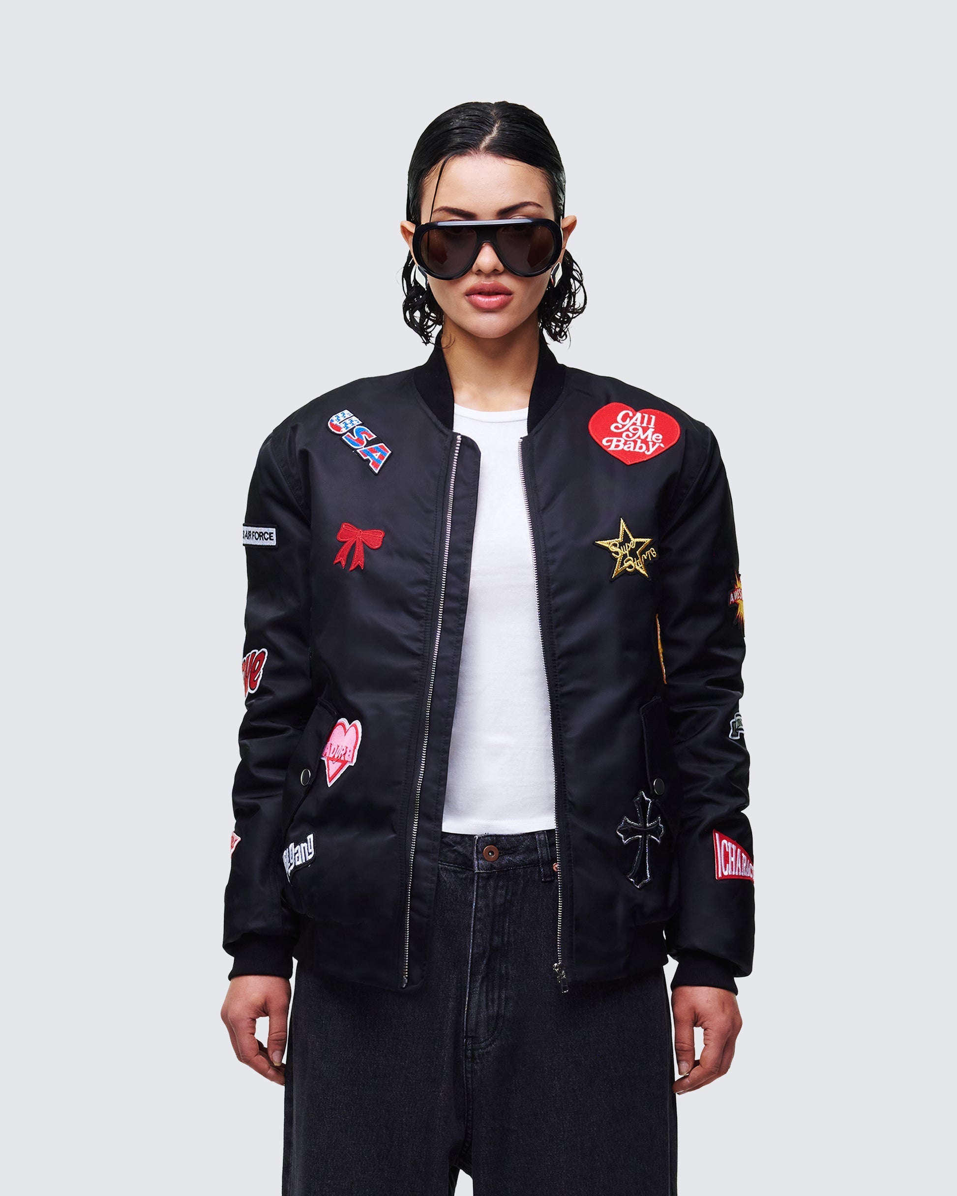 Finesse Becky Black Multi Patch Bomber