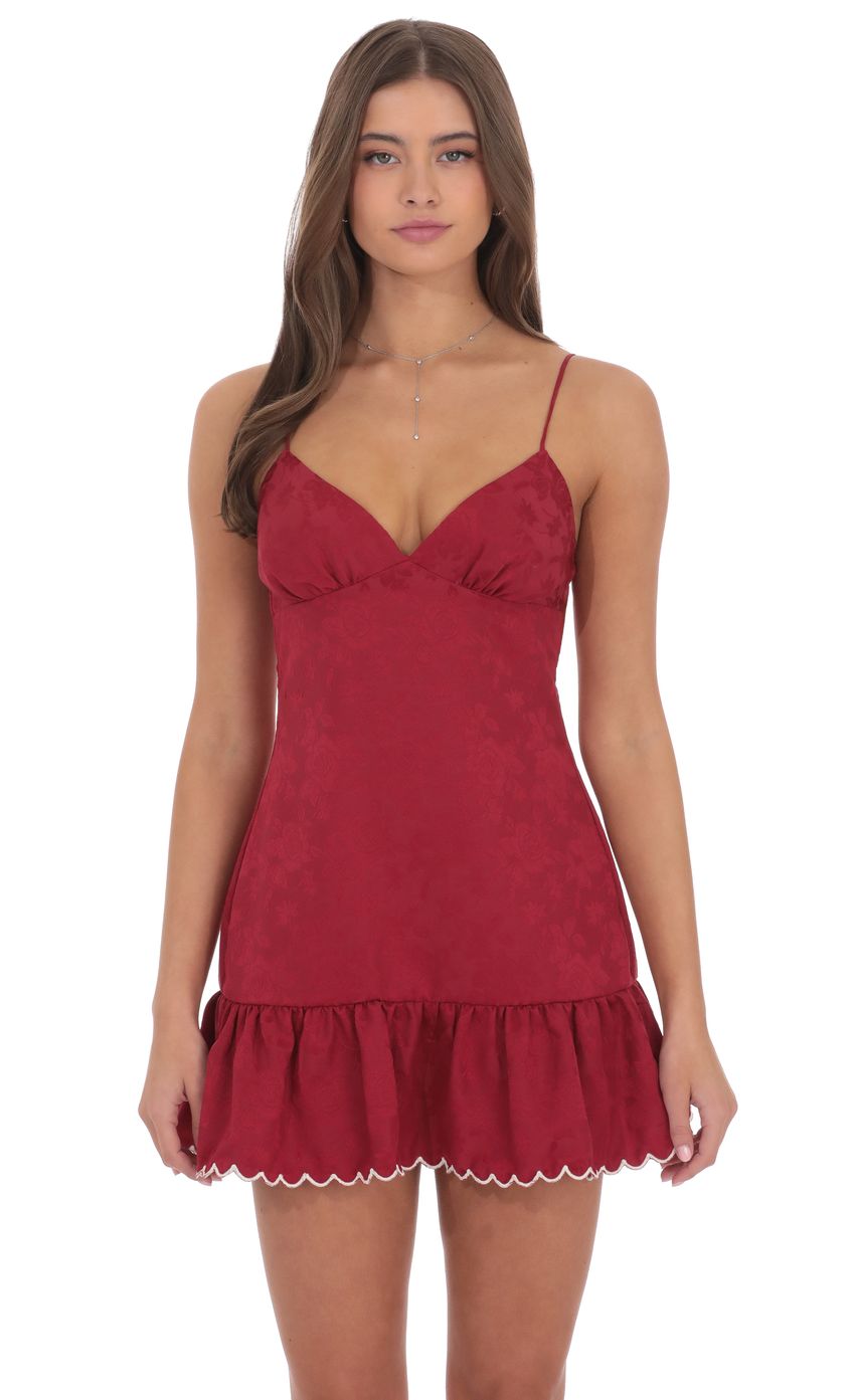 Lucy In The Sky Jacquard Scallop Ruffle Dress in Red