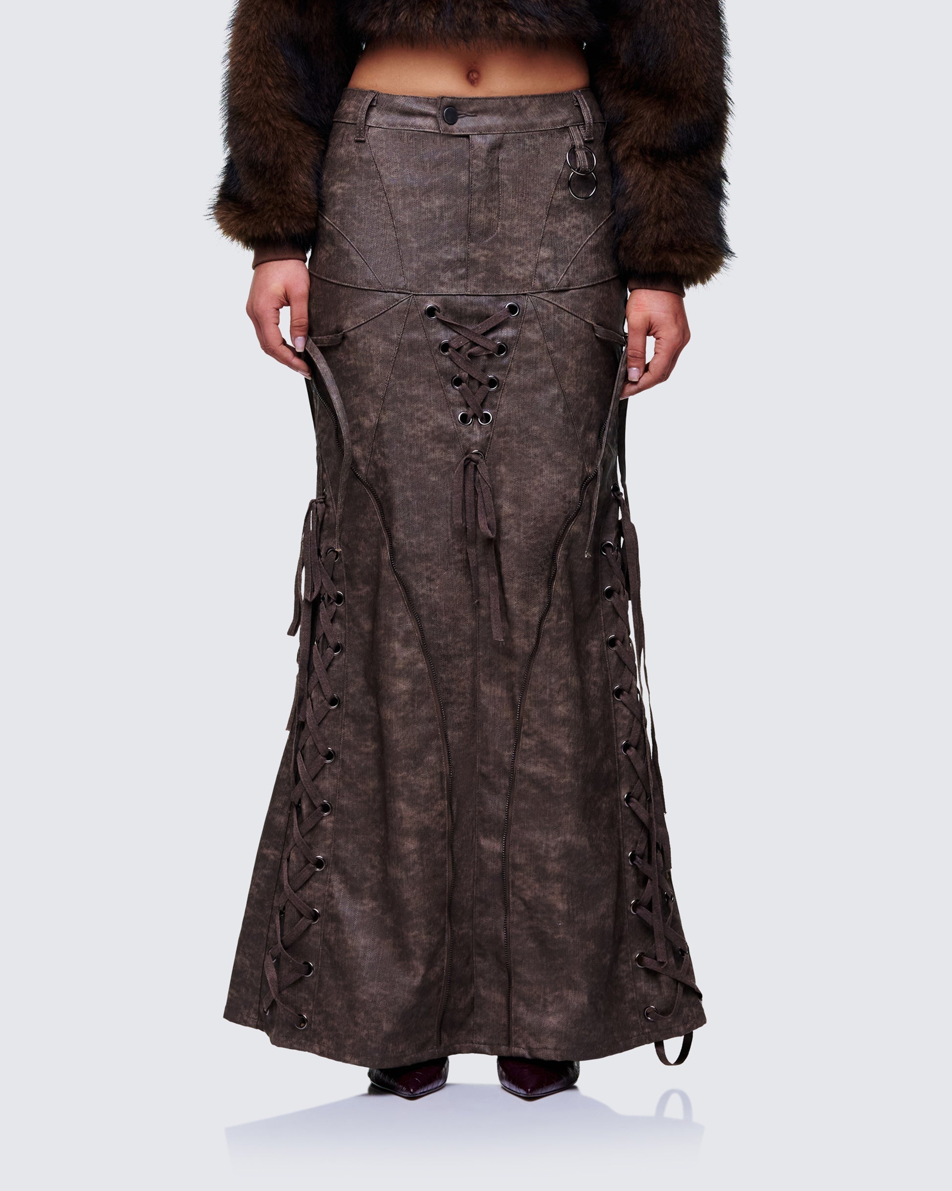 Finesse Hosea Brown Vegan Leather Maxi Skirt