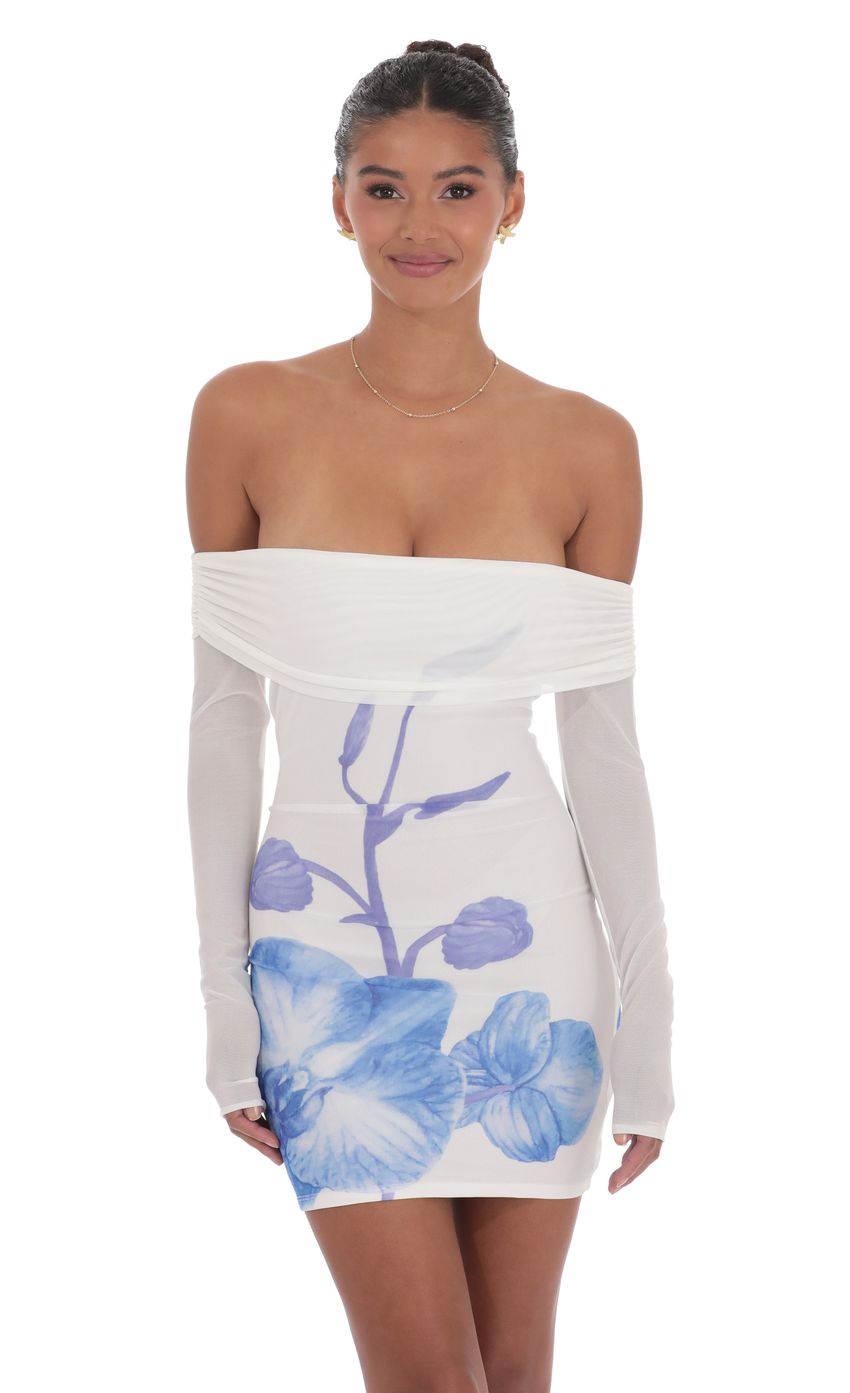 Lucy In The Sky Floral Mesh Off Shoulder Dress in White