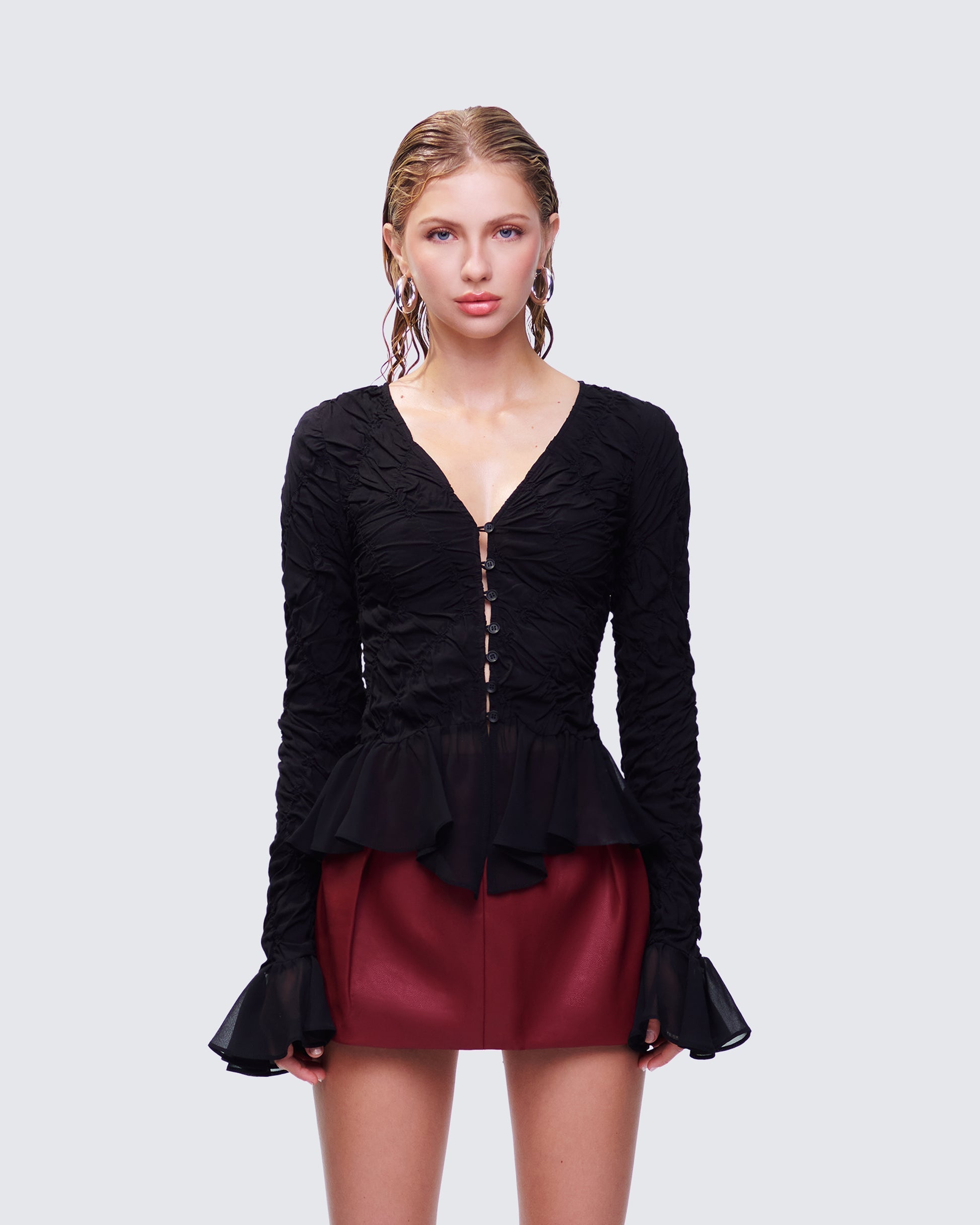 Eilis Black Texture Flute Cuff Blouse