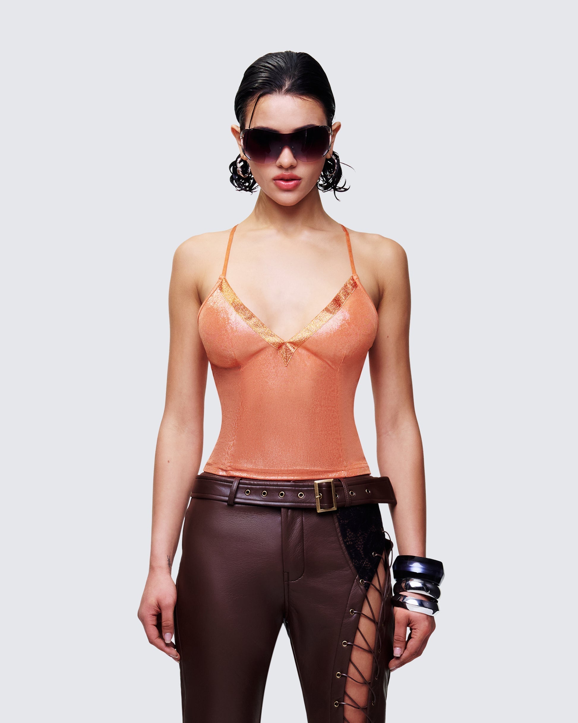 Finesse Teenay Gold Plunge Neck Strappy Cami