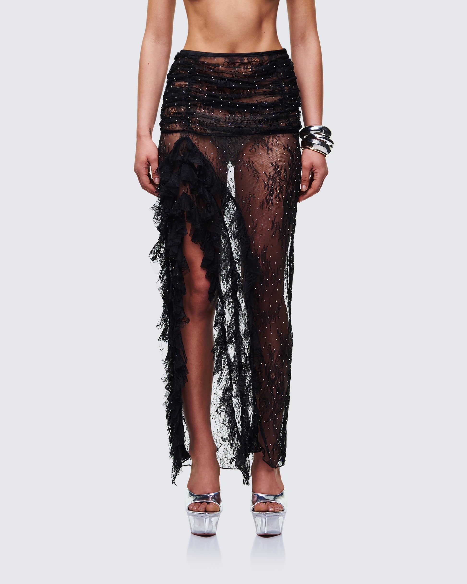 Finesse Elyra Black Lace Sheer Maxi Skirt