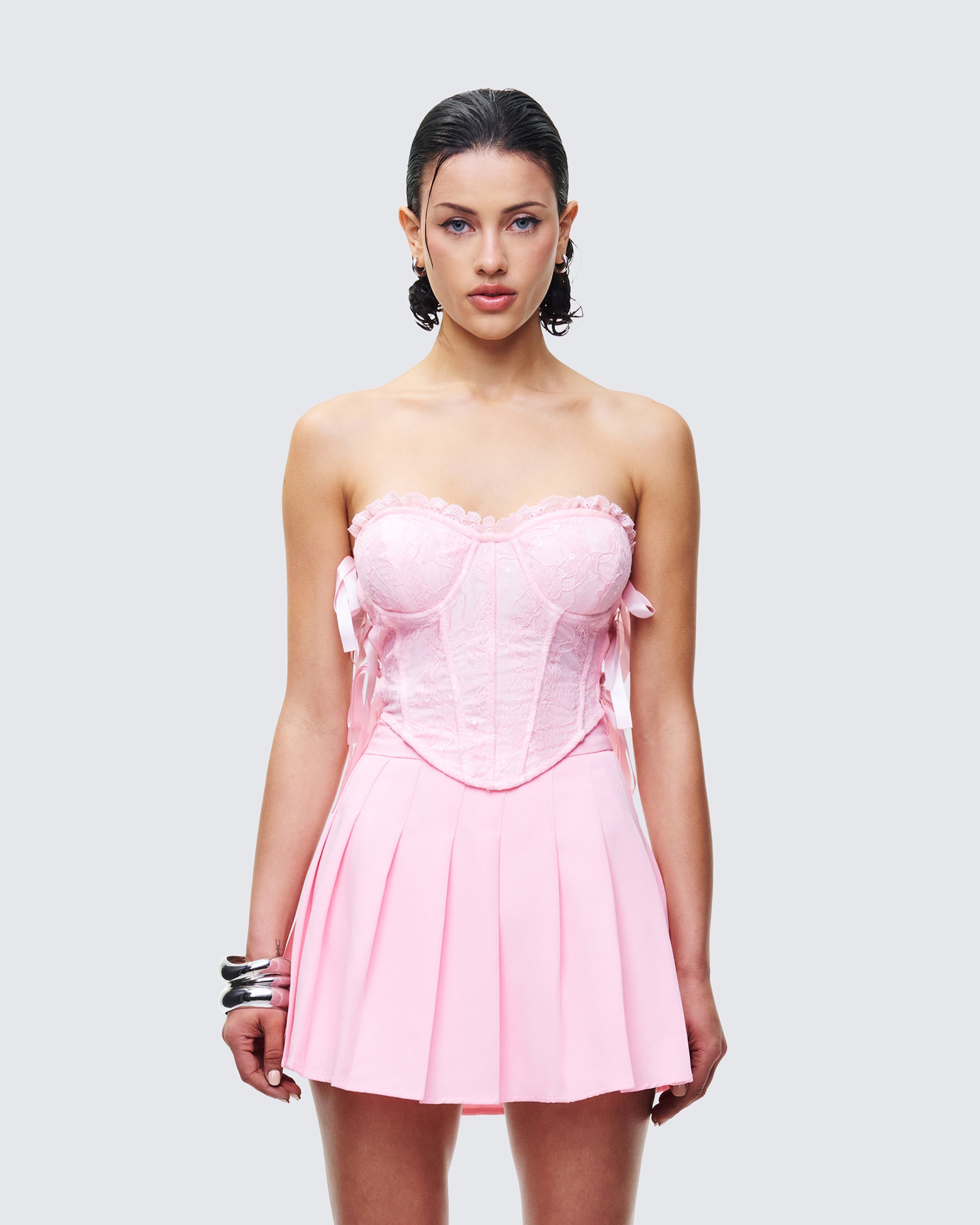 Cinday Pink Sequin Side Tie Corset