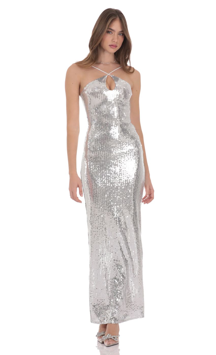 Lucy In The Sky Sequin Keyhole Maxi Dress in Silver