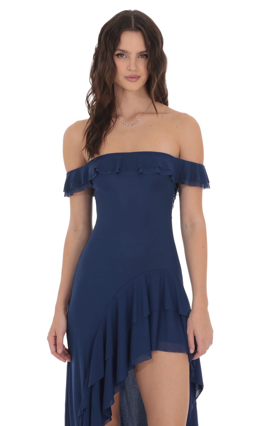 Lucy In The Sky Off Shoulder Ruffle Maxi Dress in Blue