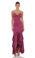 Lucy In The Sky Satin Ruffle Fishtail Maxi Dress in Magenta