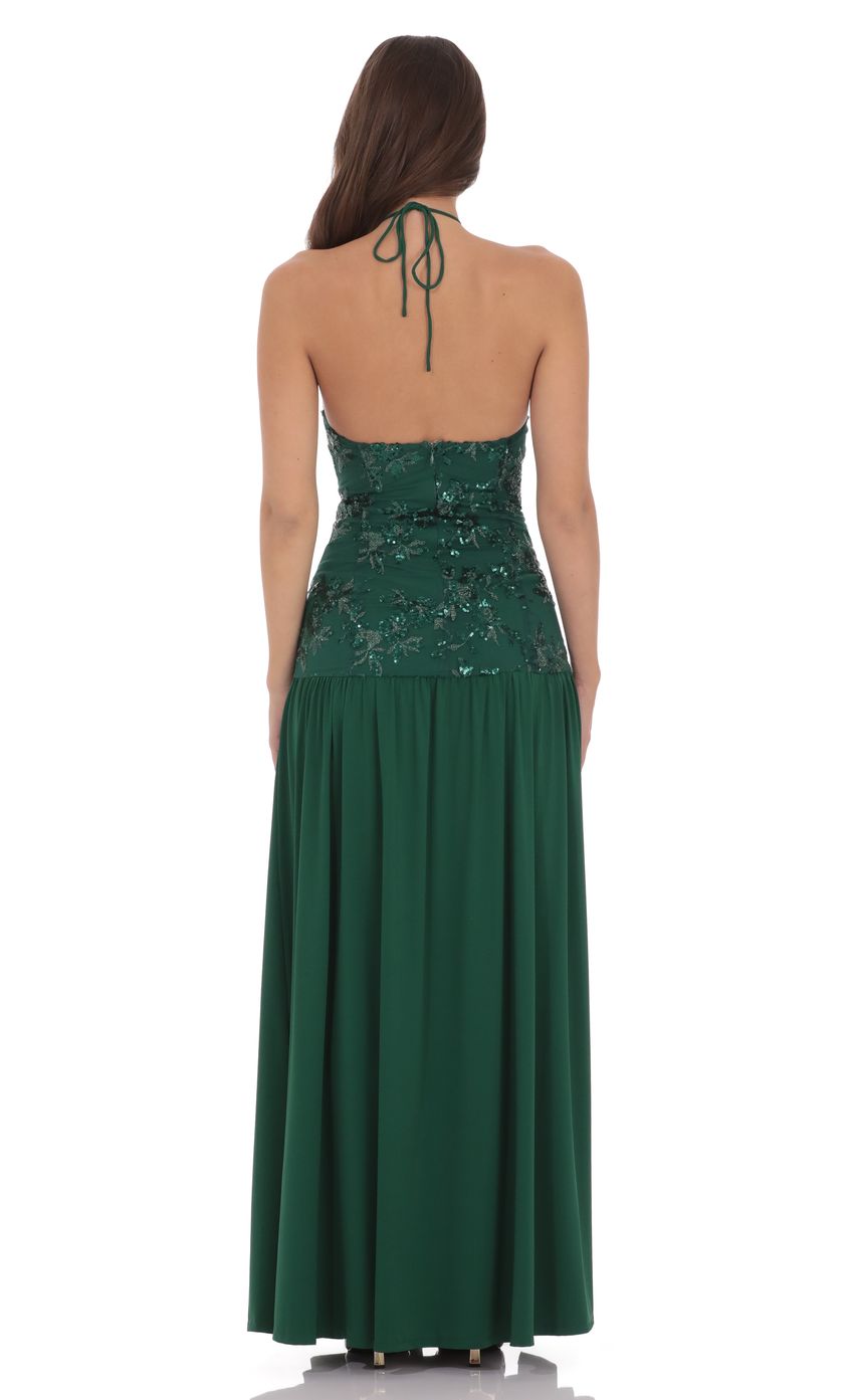 Lucy In The Sky Drop Waist Sequin Maxi Dress in Green