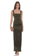 Lucy In The Sky Satin Bodycon Maxi Dress in Olive Green