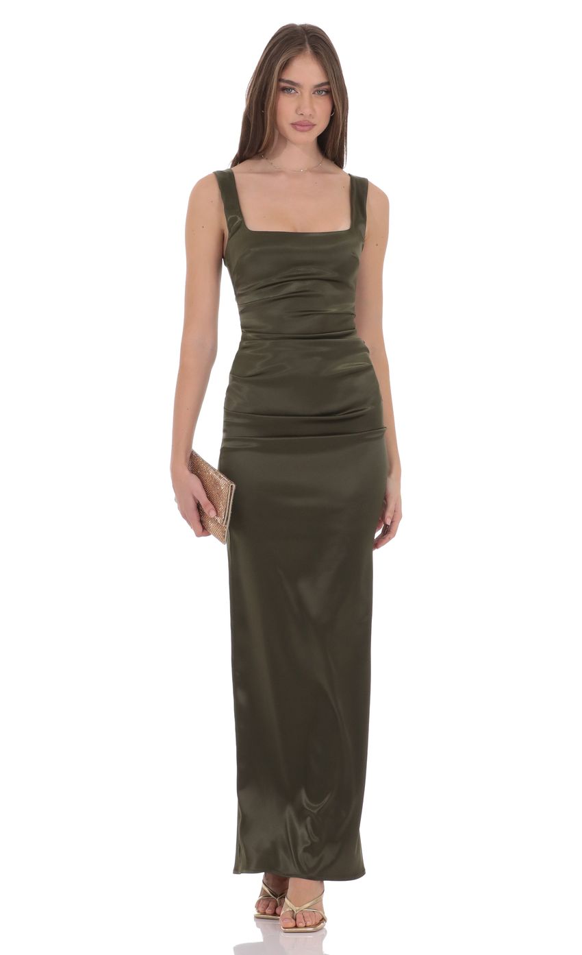 Lucy In The Sky Satin Bodycon Maxi Dress in Olive Green