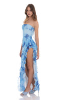 Lucy In The Sky Floral Mesh Strapless Triple Ruffle Maxi Dress in Blue