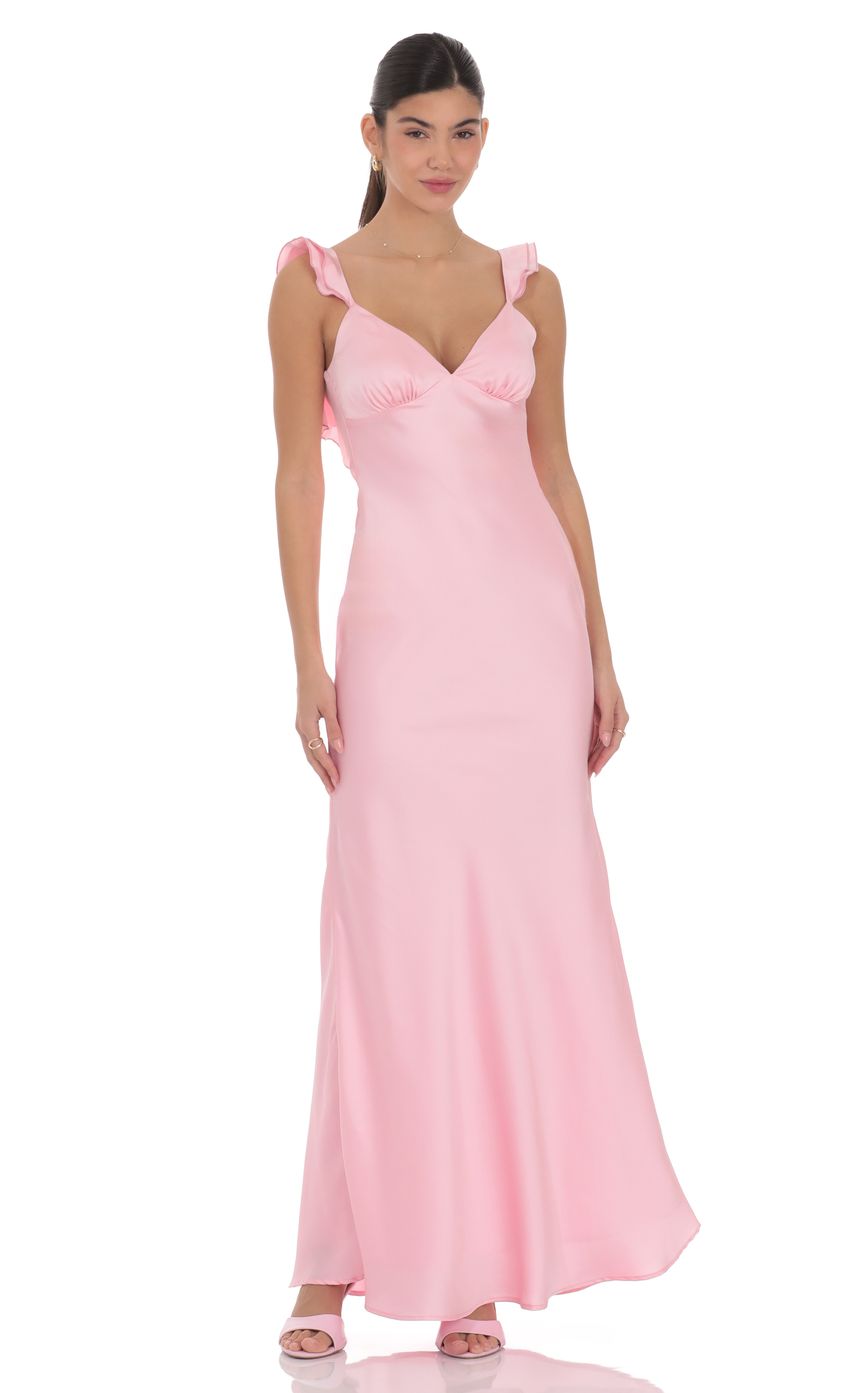 Lucy In The Sky Satin Ruffle Open Back Maxi Dress in Pink